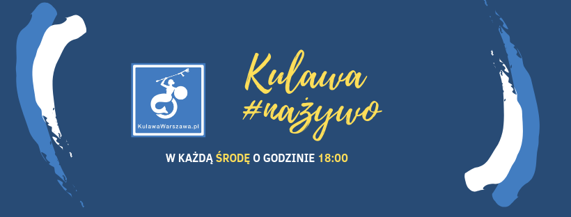 niebiesko-biała grafika z logo fundacji i żółtym napisem Kulawa #nażywo. W każdą środę o godzinie 18:00