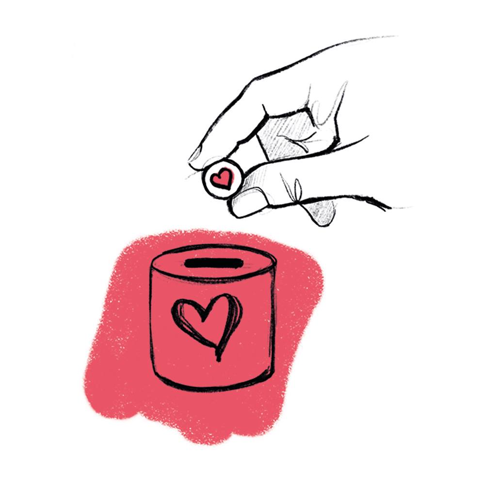 puszka skarbonka z sercem na czerwonym tle, do której dłoń wrzuca monetę z sercem