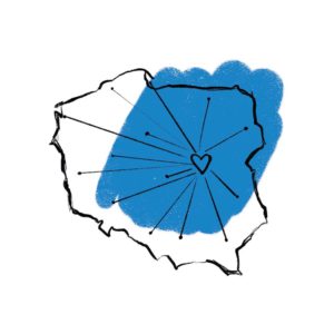 kontury Polski ma niebieskim tle, w miejscu, gdzie jest warszawa znajduje się serce, a od niego odchodzą kreski na wszystkie strony