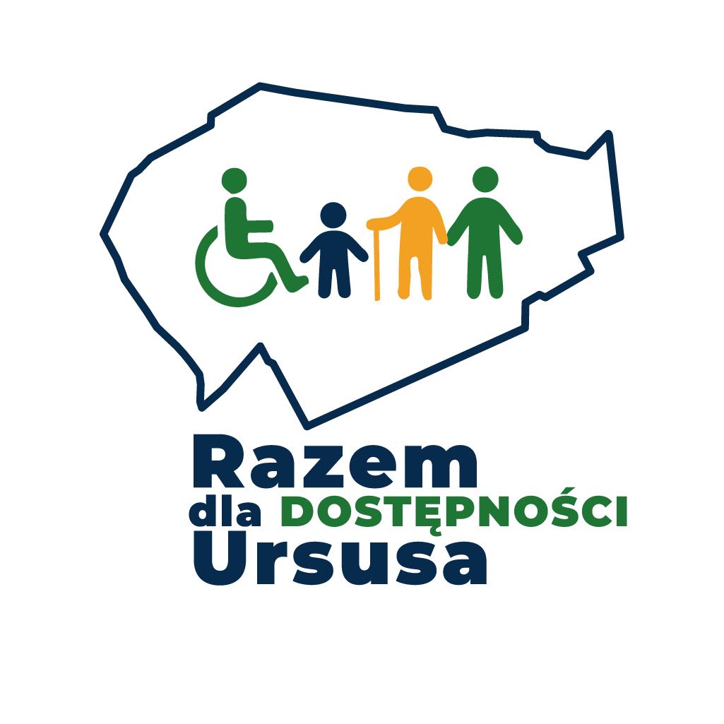 Logo projektu razem dla dostępności ursusa. W narysowanych granicach dzielnicy ursus są różne ludziki - na wózku, z laską, niski i średniego wzrostu